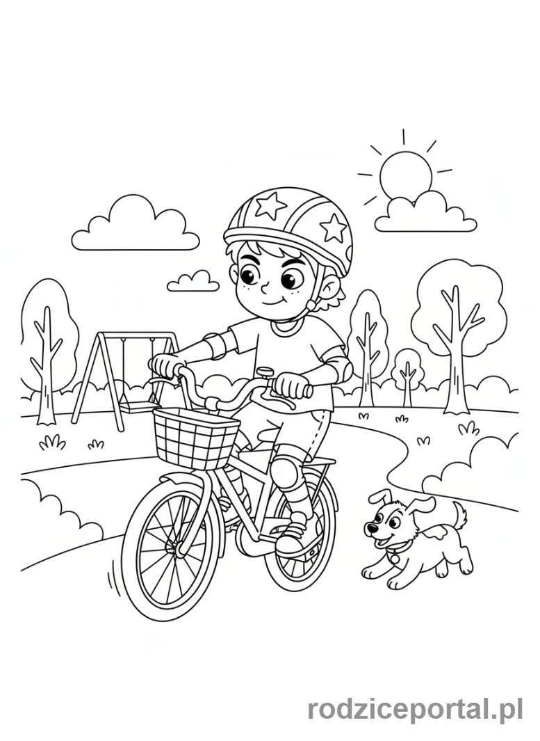 Kolorowanka Samodzielność - Dziecko uczy się jeździć na rowerze