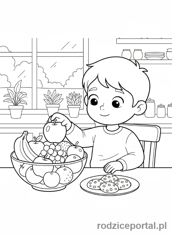 Kolorowanka Samokontrola - Dziecko wybiera zdrową przekąskę
