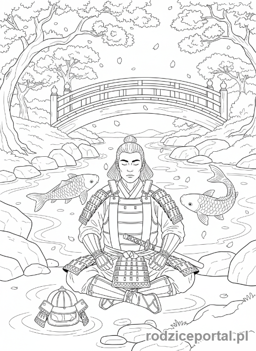 Kolorowanka Samuraje - Samuraj w ogrodzie