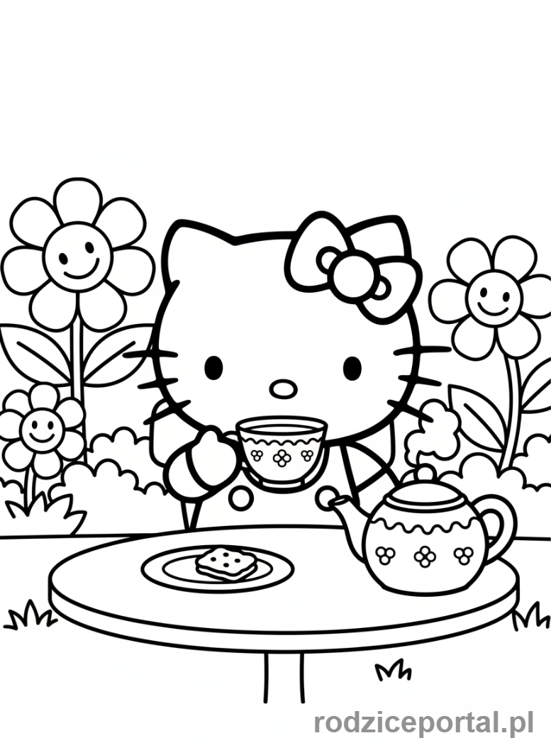 Kolorowanka Sanrio - Hello Kitty pijąca herbatę