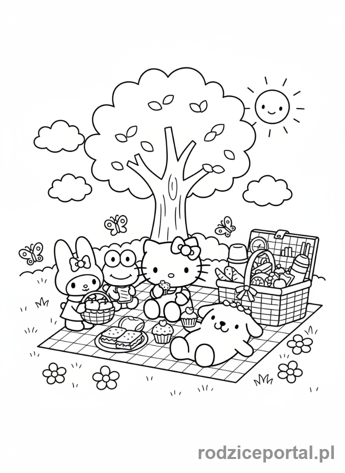 Kolorowanka Sanrio - Hello Kitty z przyjaciółmi piknik