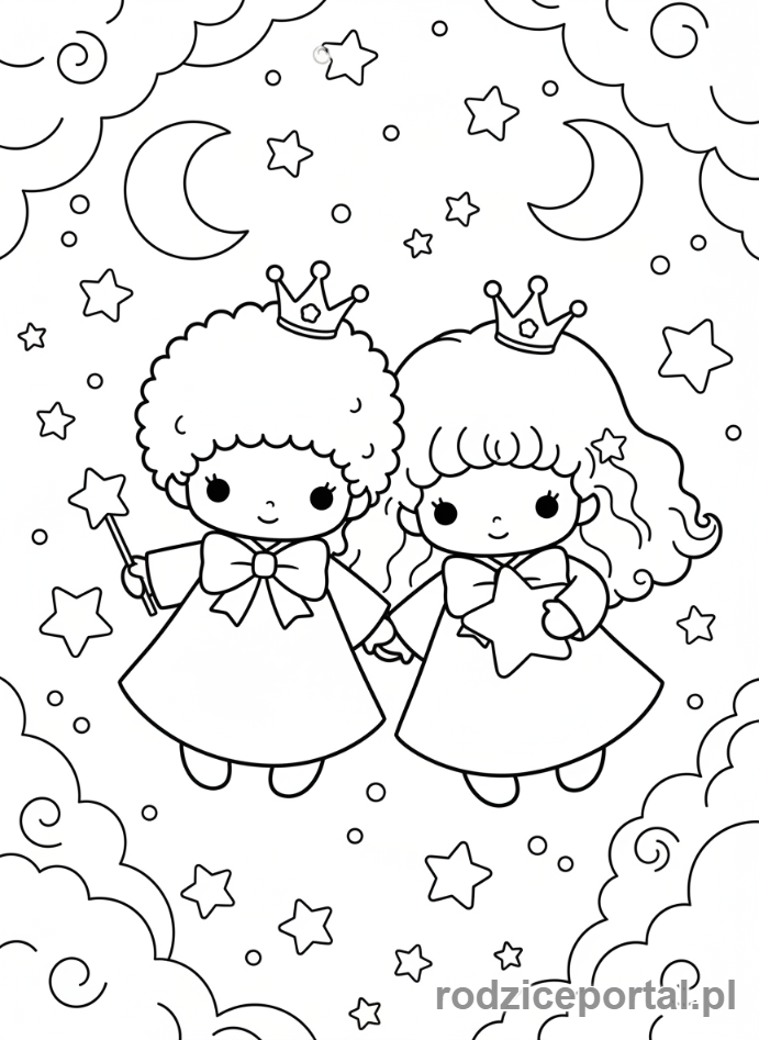 Kolorowanka Sanrio - Little Twin Stars na tle gwiazd