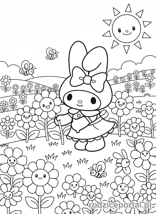 Kolorowanka Sanrio - My Melody zbierająca kwiaty