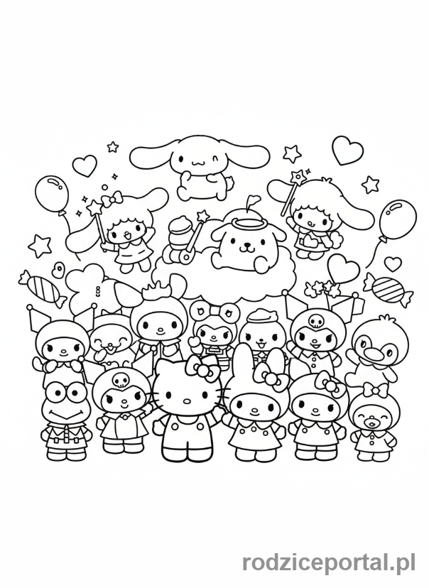 Kolorowanka Sanrio - Wszyscy bohaterowie Sanrio razem