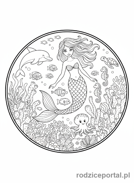 Kolorowanka Scenariusze - Syrenka w podwodnym ogrodzie
