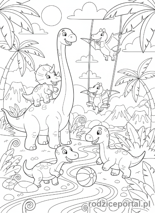 Kolorowanka Scenki - Dinozaury w dżungli