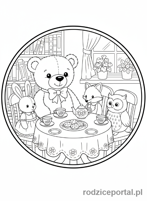 Kolorowanka Scenki - Herbatka pluszaków
