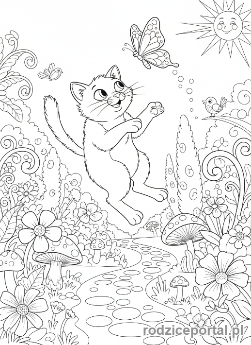 Kolorowanka Scenki - Kot goniący motyla