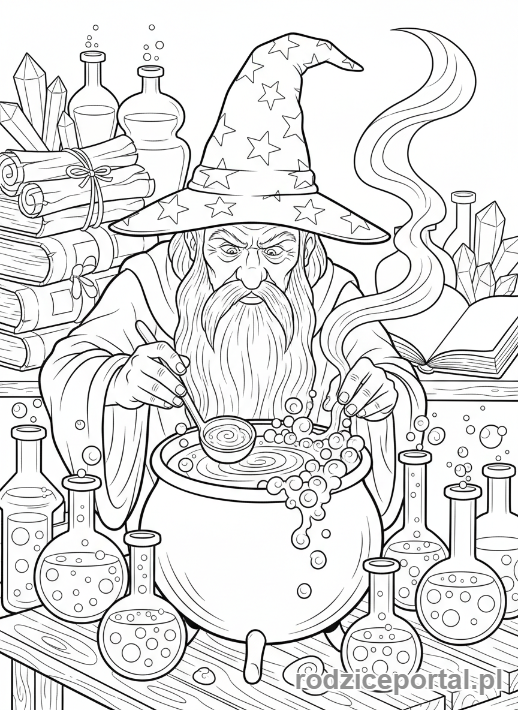 Kolorowanka Scenki - Mag w laboratorium