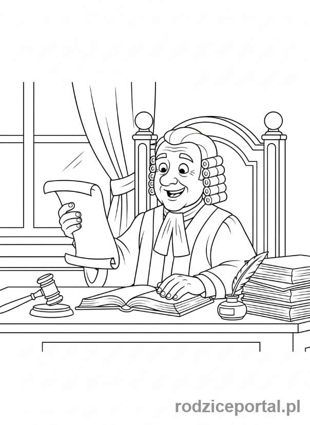 Kolorowanka Sędzia - Sędzia przy biurku z dokumentami