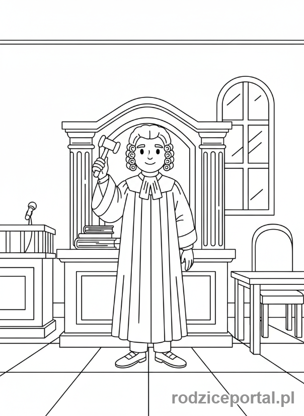 Kolorowanka Sędzia - Sędzia w sali rozpraw z młotkiem