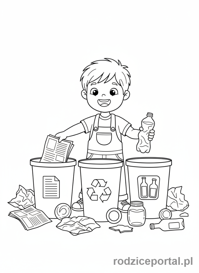 Kolorowanka Segregacja Śmieci - Dziecko segreguje