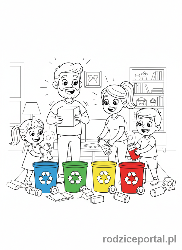 Kolorowanka Segregacja Śmieci - Rodzina segreguje