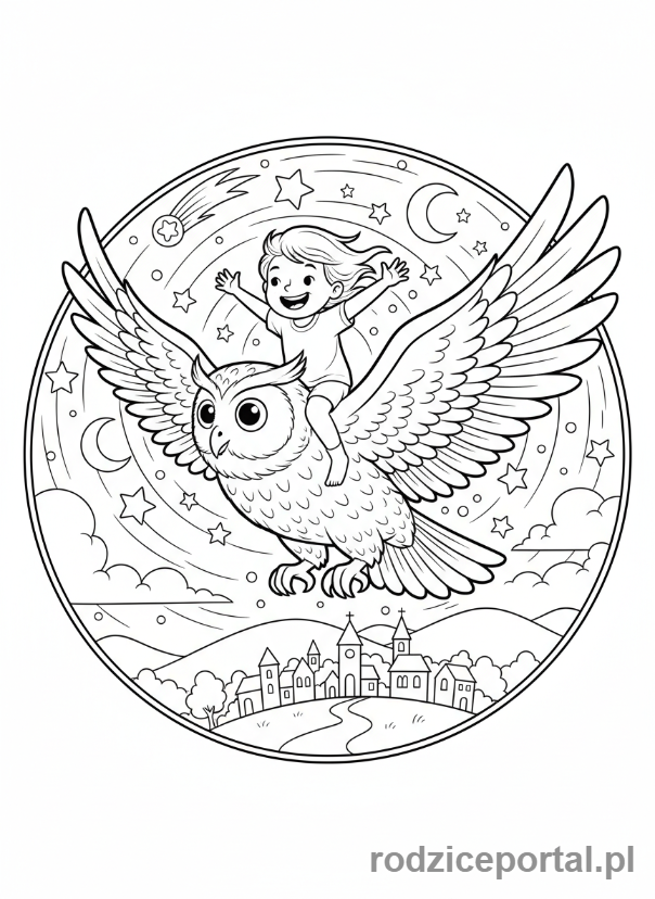 Kolorowanka Sen - Dziecko latające na sowie