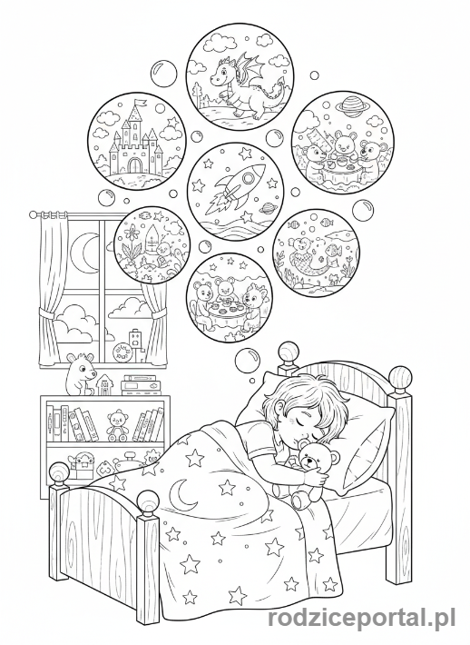 Kolorowanka Sen - Dziecko śpiące z bańkami snów