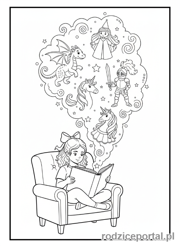 Kolorowanka Sen - Dziewczynka czytająca i marząca