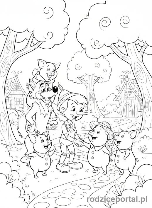 Kolorowanka Shrek - Pinokio z przyjaciółmi