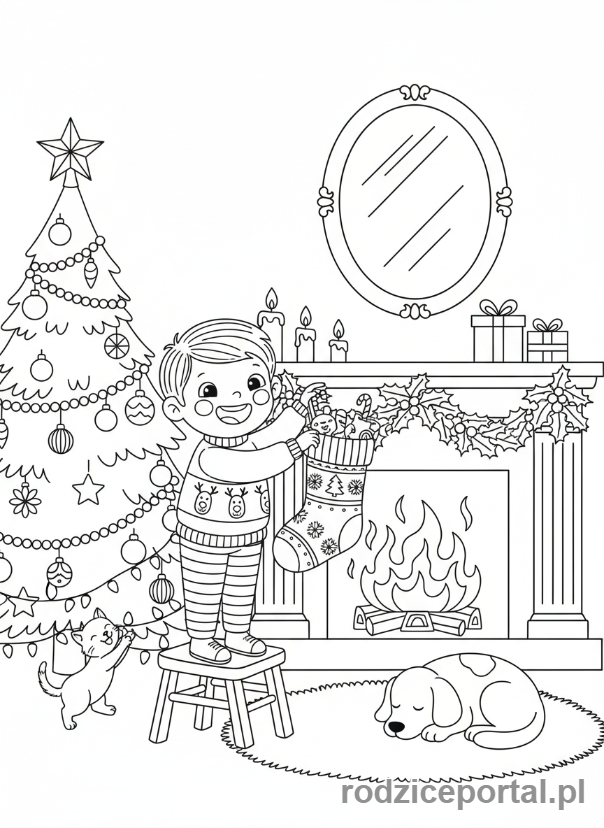 Kolorowanka Skarpeta Świąteczna - Dziecko wiesza skarpetę.