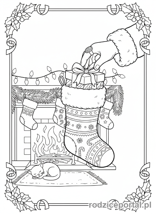 Kolorowanka Skarpeta Świąteczna - Mikołaj wypełnia skarpetę.