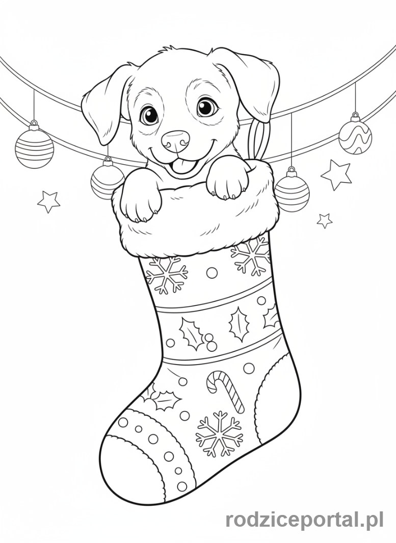 Kolorowanka Skarpeta Świąteczna - Piesek ze skarpetą.