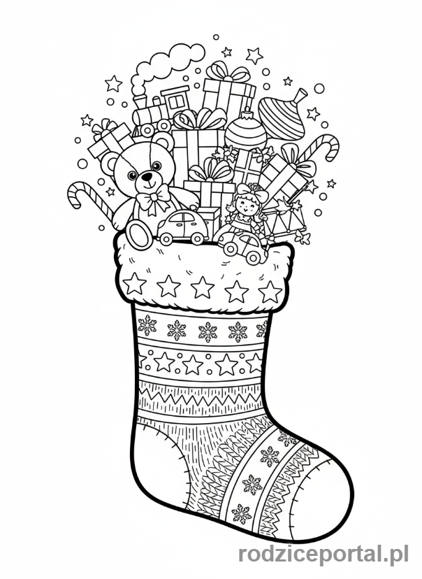Kolorowanka Skarpeta Świąteczna - Skarpeta pełna prezentów.