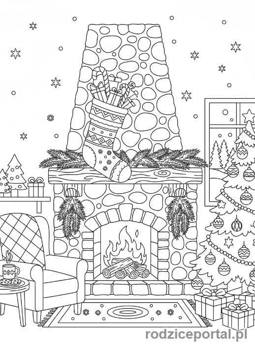Kolorowanka Skarpeta Świąteczna - Skarpeta w rustykalnej chacie.