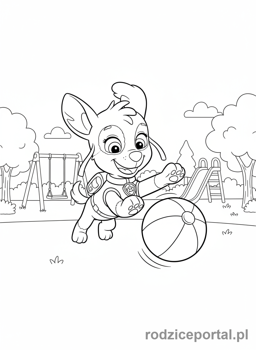 Kolorowanka Skye - Skye bawi się piłką w parku