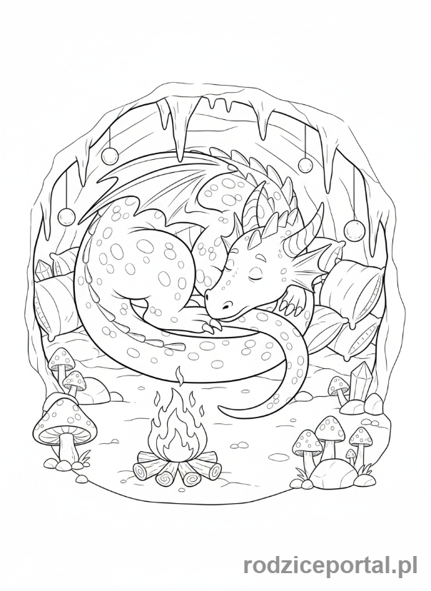 Kolorowanka Smok - Smok śpiący w jaskini