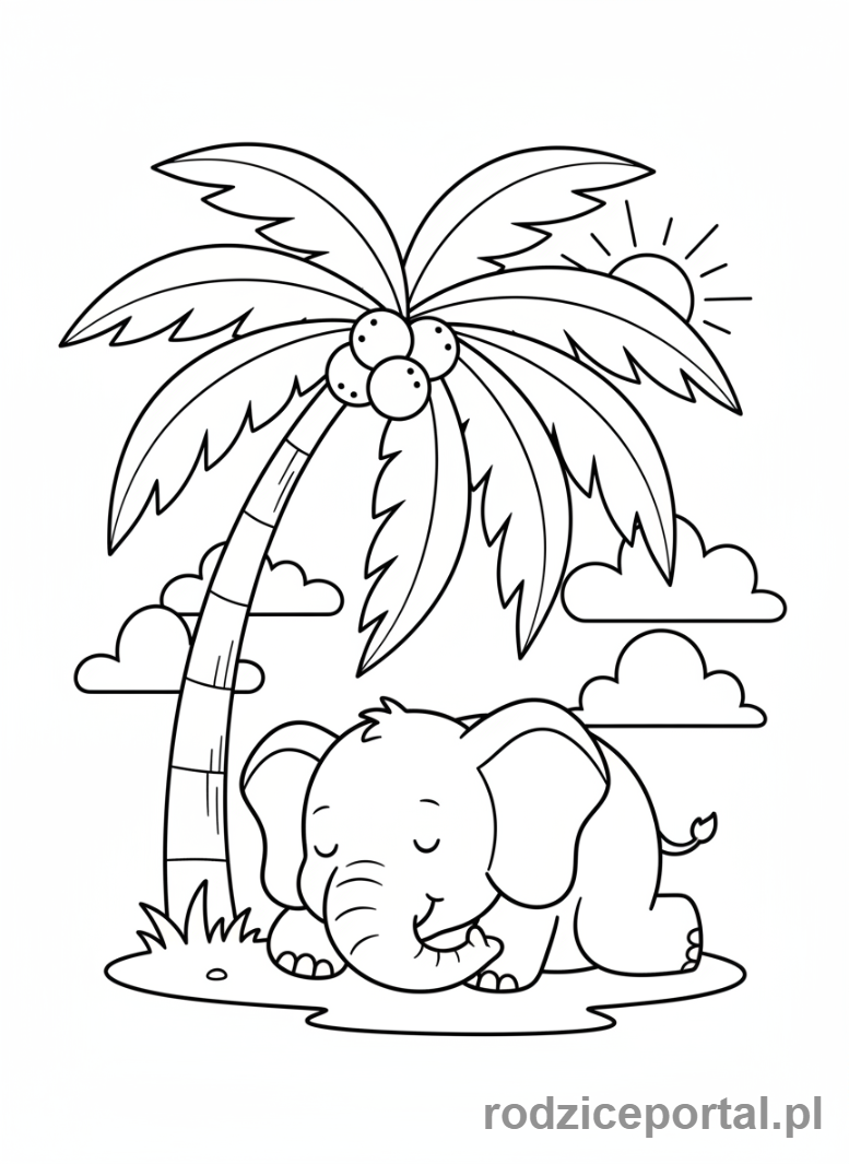 Kolorowanka Słoń - Słoń pod palmą