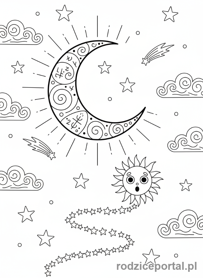 Kolorowanka Słońce I Księżyc - Księżyc oświetlający drogę Słońcu
