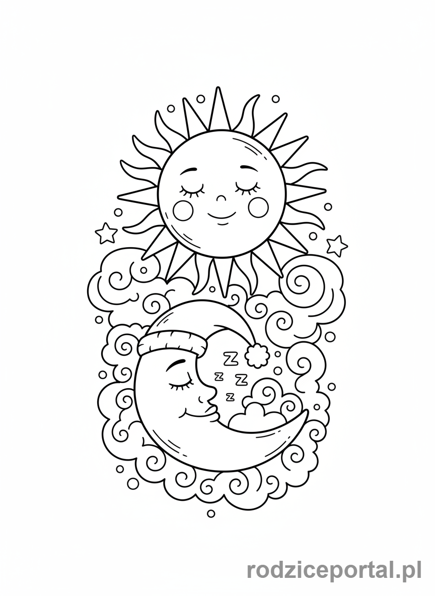 Kolorowanka Słońce I Księżyc - Słońce czuwające nad śpiącym Księżycem