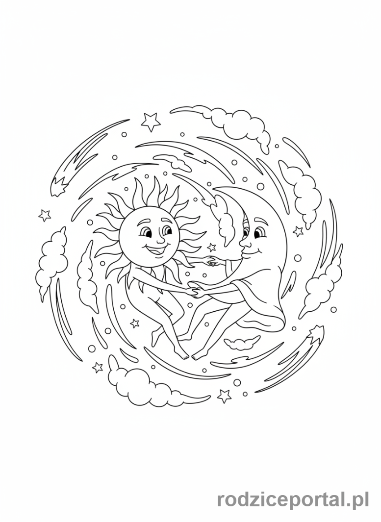 Kolorowanka Słońce I Księżyc - Słońce i Księżyc tańczą razem