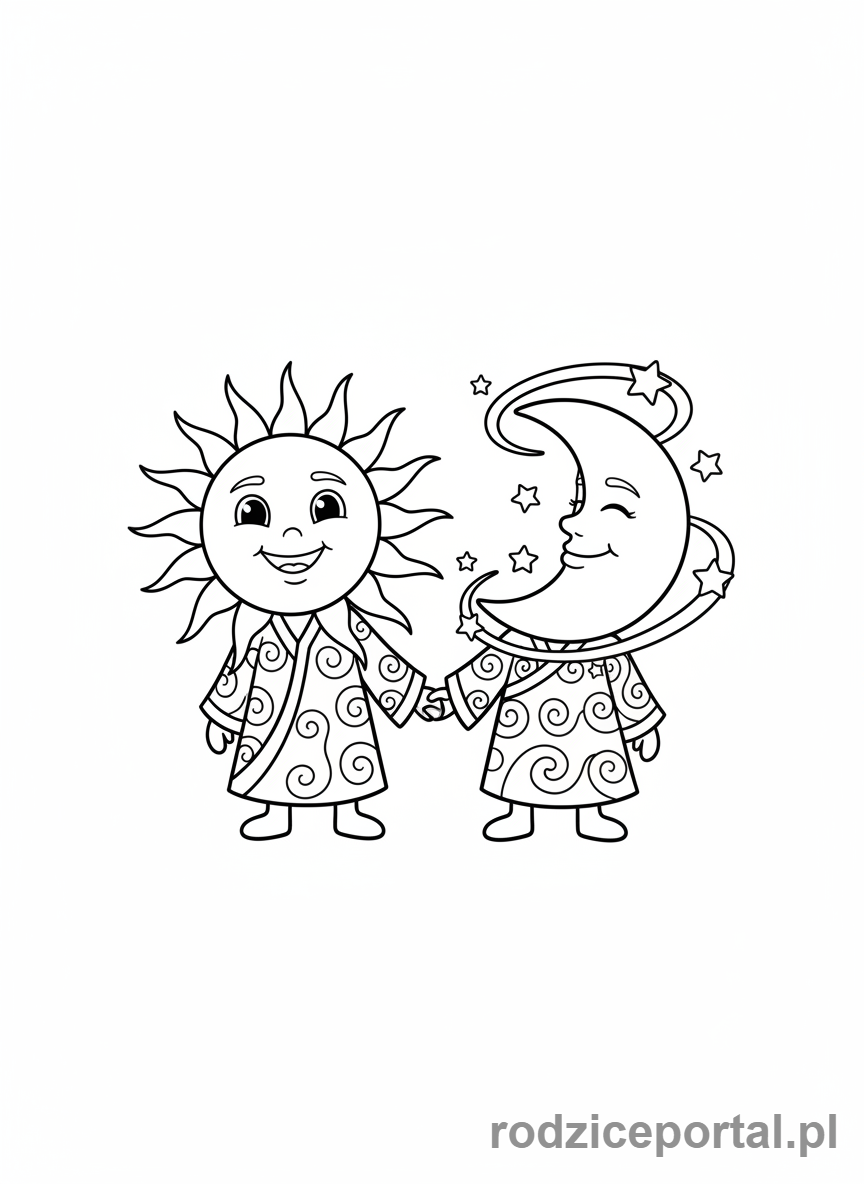Kolorowanka Słońce I Księżyc - Słońce i Księżyc trzymają się za ręce