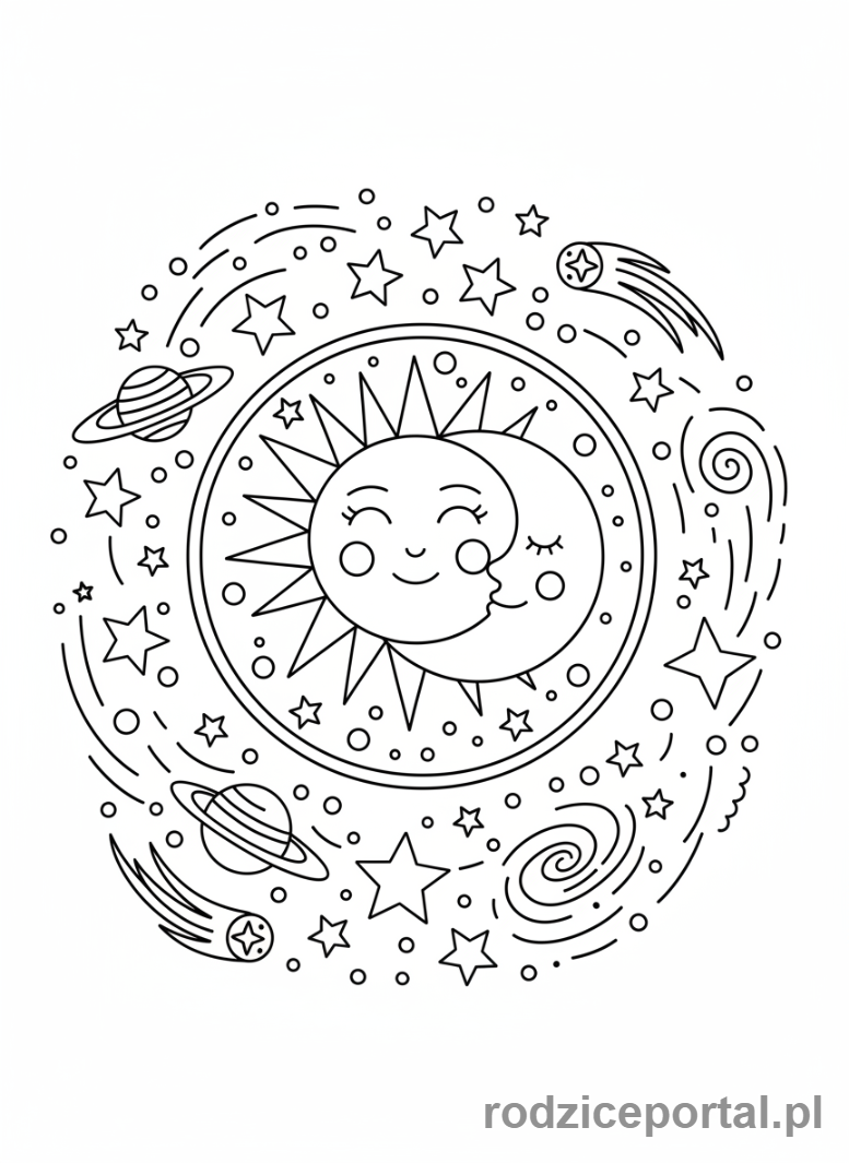 Kolorowanka Słońce I Księżyc - Słońce i Księżyc wśród gwiazd i planet