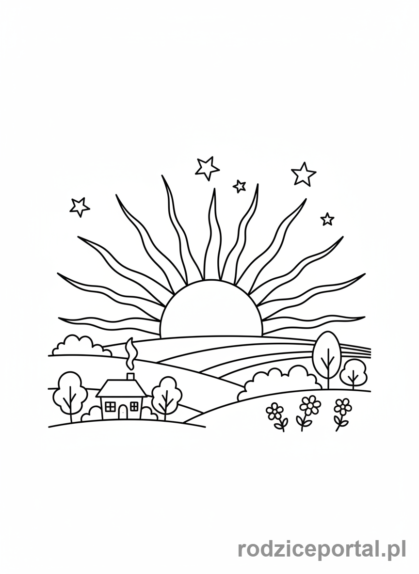 Kolorowanka Słońce I Księżyc - Wschodzące Słońce i widoczne gwiazdy
