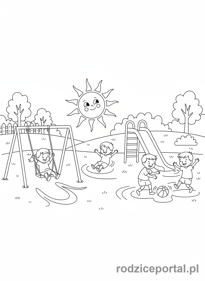 Kolorowanka Słońce - Słońce bawiące się z dziećmi