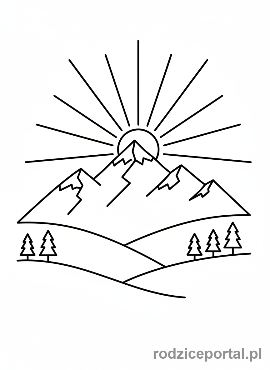 Kolorowanka Słońce - Wschodzące słońce nad górami