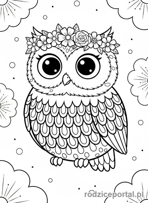 Kolorowanka Sowa - Sowa w koronie kwiatów