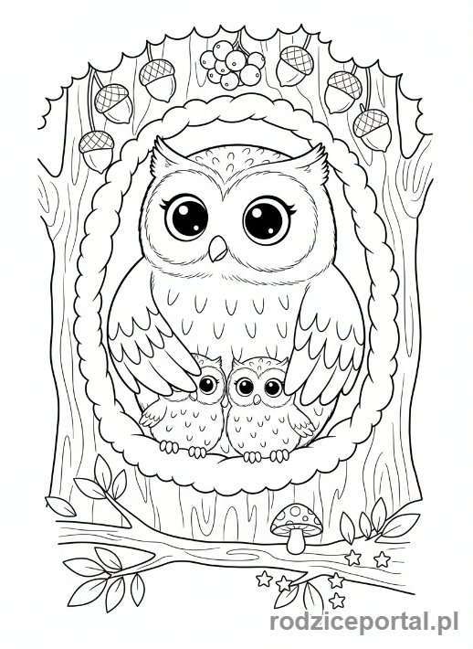 Kolorowanka Sowa - Sowa z pisklętami