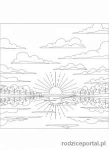 Kolorowanka Spokój - Zachód słońca nad jeziorem