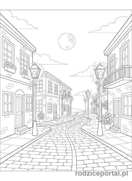 Kolorowanka Spokojny Wieczór - Cicha ulica z latarniami