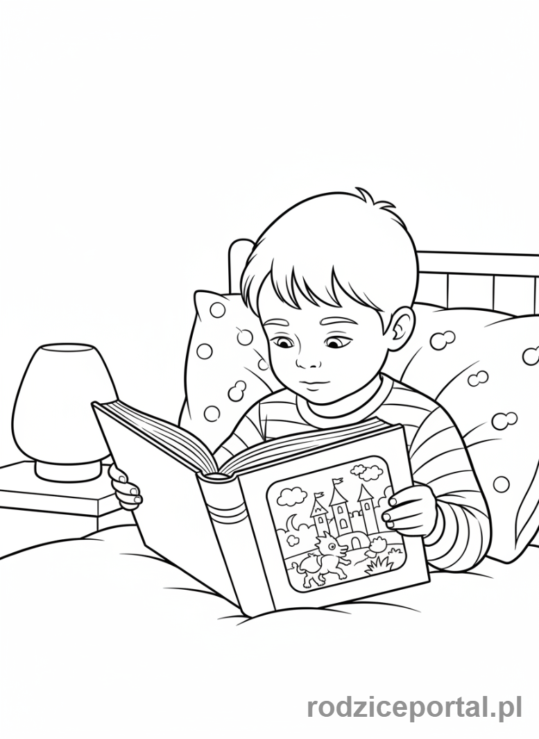 Kolorowanka Spokojny Wieczór - Dziecko czyta w łóżku