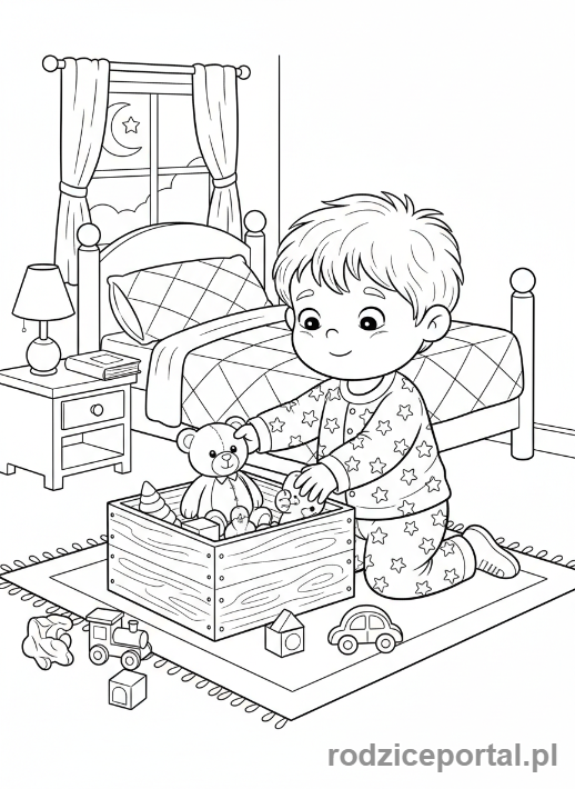 Kolorowanka Spokojny Wieczór - Dziecko sprząta zabawki