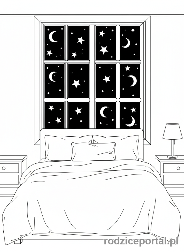 Kolorowanka Spokojny Wieczór - Gwiazdy przez okno sypialni