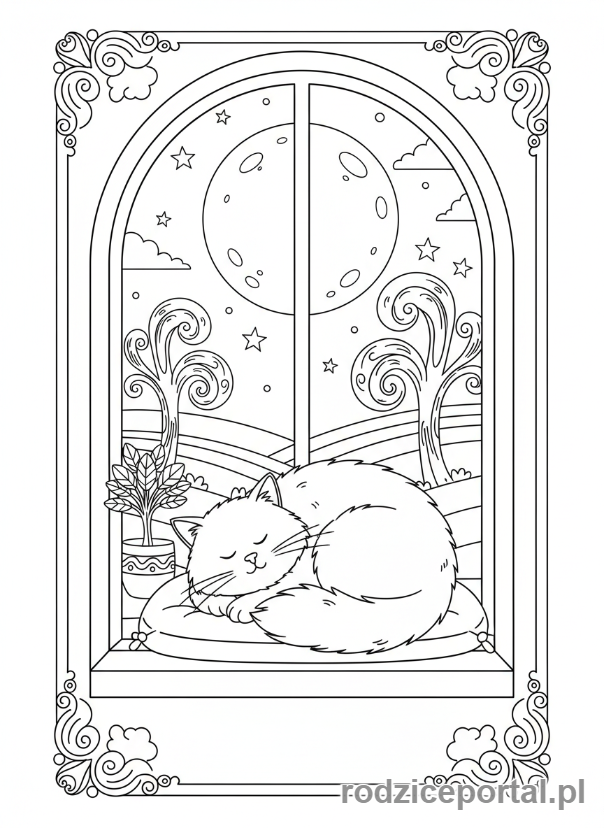 Kolorowanka Spokojny Wieczór - Kot śpi na parapecie