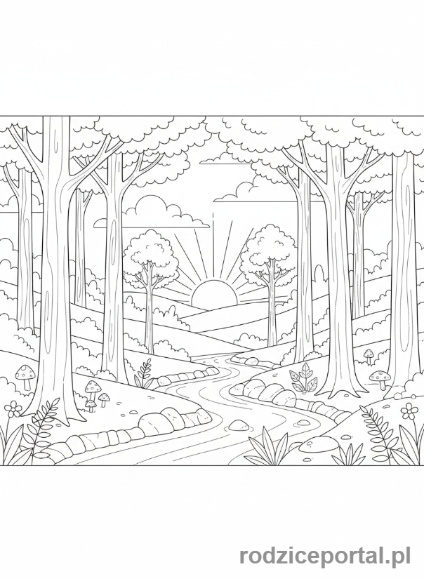 Kolorowanka Spokojny Wieczór - Leśny potok o zmierzchu