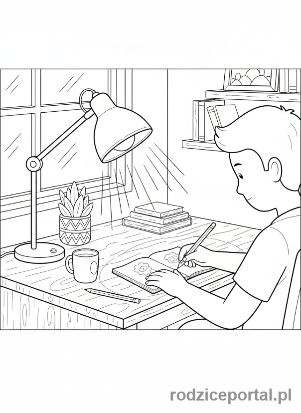 Kolorowanka Spokojny Wieczór - Osoba rysuje przy biurku