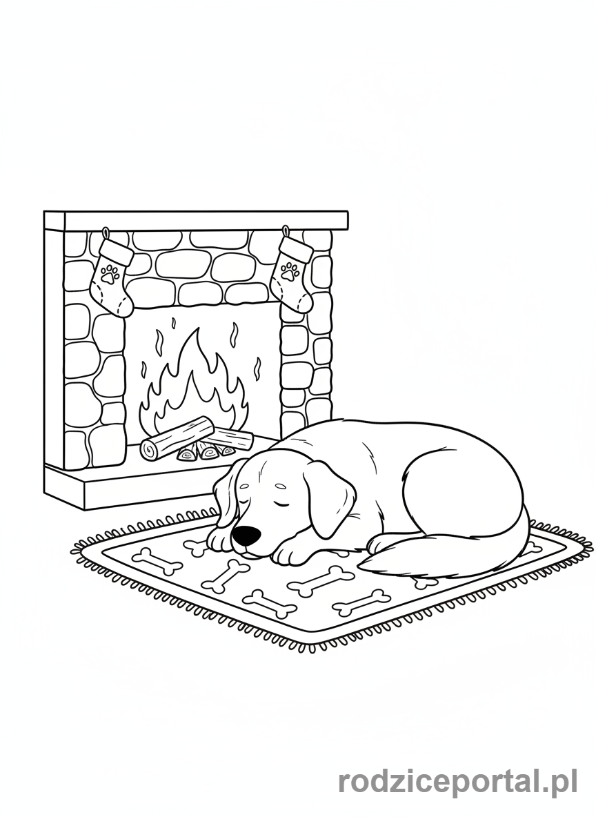 Kolorowanka Spokojny Wieczór - Pies przy kominku
