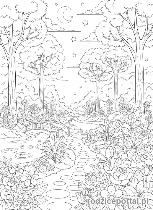 Kolorowanka Spokojny Wieczór - Spokojny ogród ze świetlikami