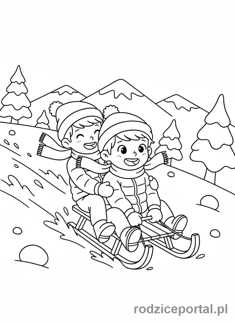 Kolorowanka Sporty Zimowe - Dzieci zjeżdżające na sankach